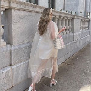 Aine Sheer Shimmery Puff Sleeve Ivory Dress